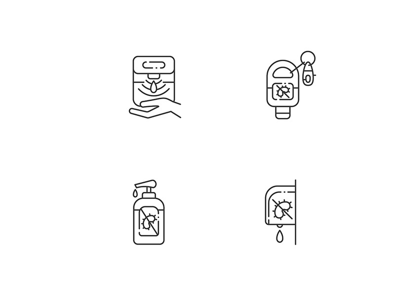 Hygienic hand sanitizers linear icons set