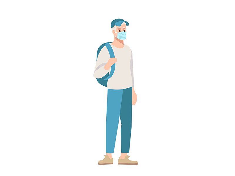 College student in surgical mask semi flat RGB color vector illustration