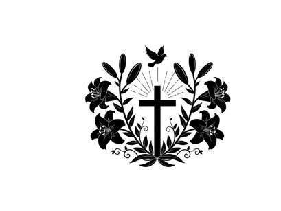Christian cross silhouette with floral wreath and dove