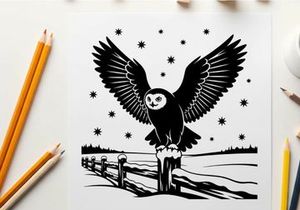 Silhouette of an owl perched on a fence under starry night sky