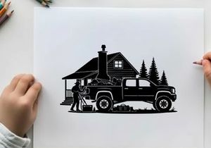 Silhouette of a man loading wood beside a truck and cabin