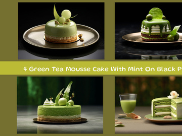 Green Tea Mousse Cake With Mint On Black Plate preview picture