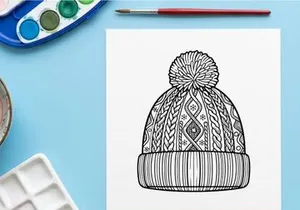 Ilustrasi seni garis terisolasi topi rajutan musim dingin dengan pompom untuk desain Natal.