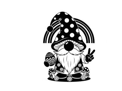 Silhouette of a whimsical gnome with mushroom hat and peace sign silhouette