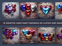 Colorful neon heart balloons on a brick wall background preview picture