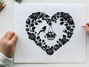 Silhouette heart with bird and floral hanging basket silhouette preview picture