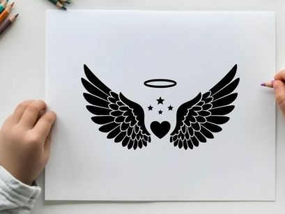 Angel wings silhouette with halo and heart