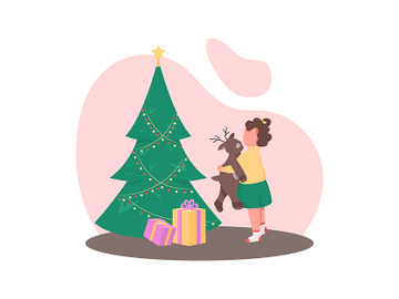 Girl with Christmas tree flat color vector faceless character preview picture