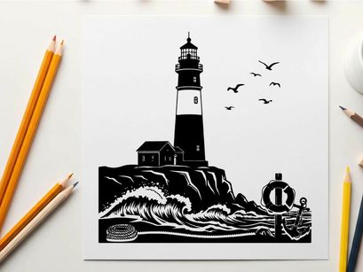 Silhouette of a lighthouse on a rocky coastline with seagulls