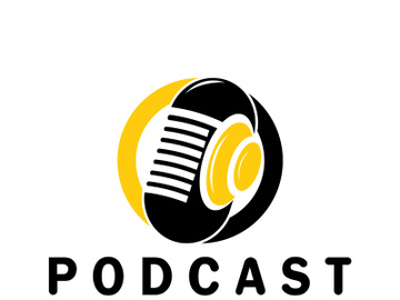 podcast logo with microphone and earphone audio, radio waves. for studio, talk show, chat, information sharing, interview, multimedia and web. preview picture