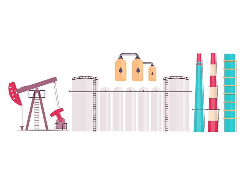 Refinery plant flat color vector objects set