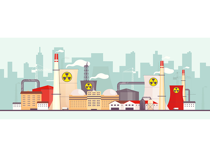 Nuclear plant near city flat color vector illustration