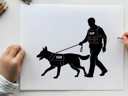 Silhouette of a man walking a search and rescue dog