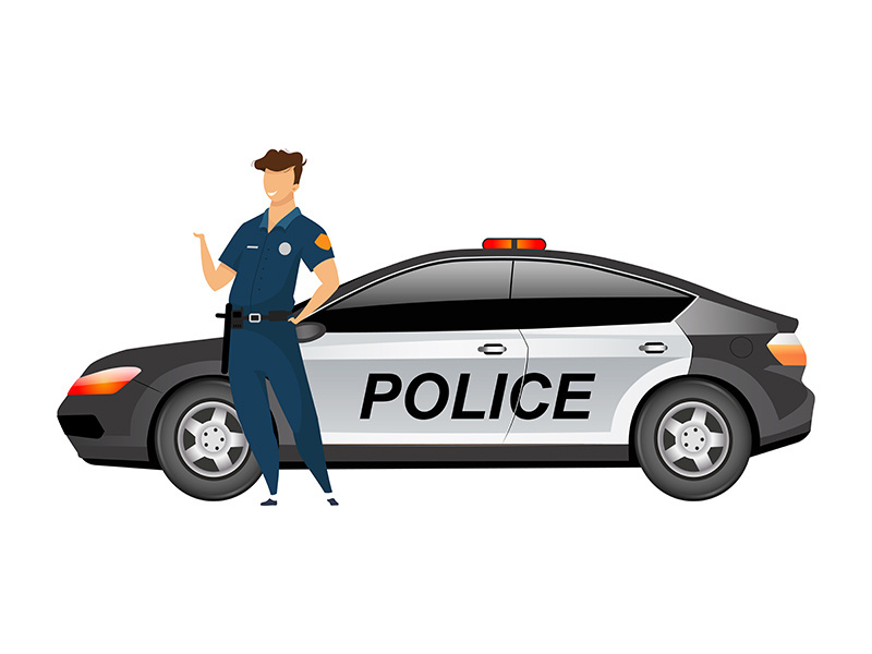 Policeman standing by patrol car flat color vector faceless character