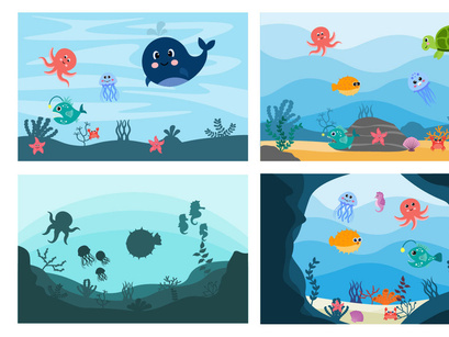 12 Cute Ocean Animals Underwater Background Flat Design by ~ EpicPxls