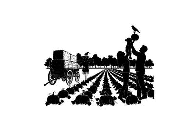 Silhouette of people harvesting pumpkins in a field with a wagon and bird preview picture