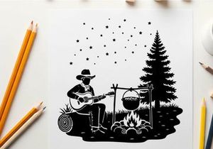 Silhouette of a man playing guitar by campfire silhouette