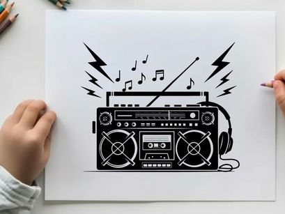 Retro boombox silhouette with music notes and headphones