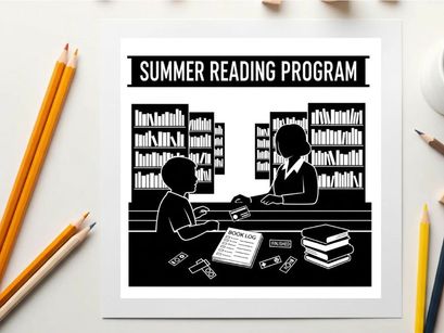 Summer reading program advertisement with silhouette of child and librarian