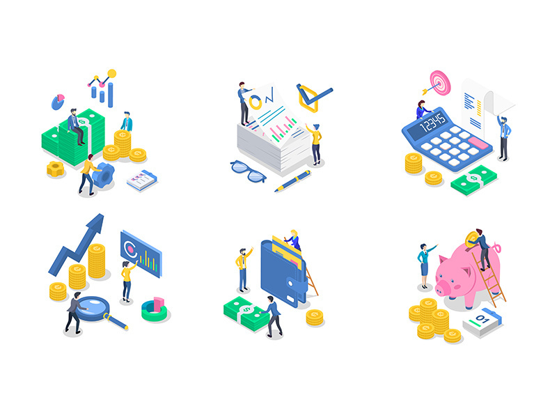 Accounting and audit isometric color vector illustration set
