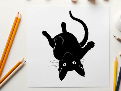Black cat silhouette falling downwards with surprised expression