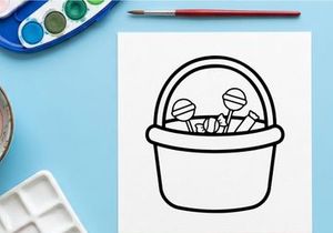 Halloween candy basket line art. Trick or treat bucket with sweets and lollipops icon.