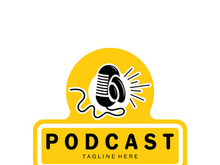 podcast logo with microphone and earphone audio, radio waves. for studio, talk show, chat, information sharing, interview, multimedia and web.