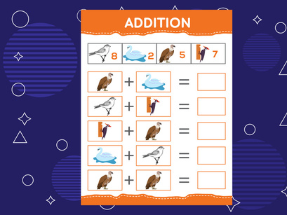 Addition with different birds for kids. An educational worksheet for kids. Vector design