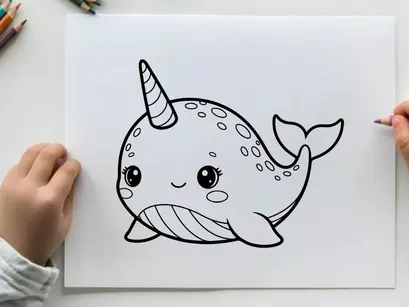 Cute smiling narwhal clock vector illustration flat design