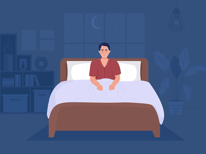 Man suffering from insomnia in bedroom flat color vector illustration
