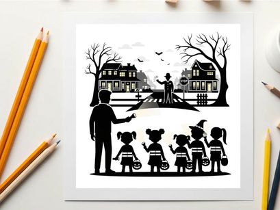Halloween scene with silhouette of adults and children trick or treating