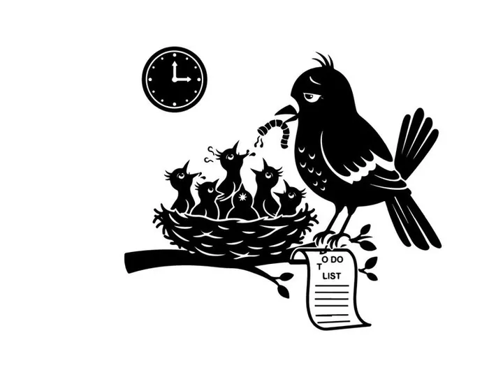 Silhouette of bird feeding nest with kittens and clock