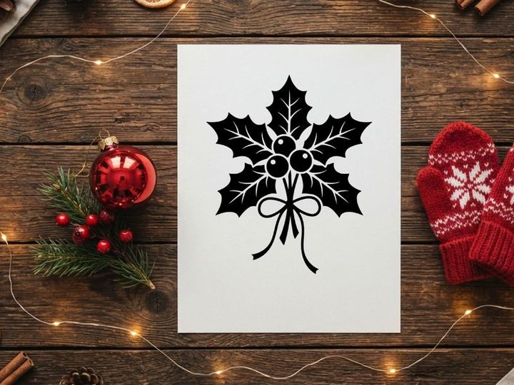 Schwarz-weißes Stechpalmenbeeren-Symbol mit Schleifenband für Weihnachts-Designelemente