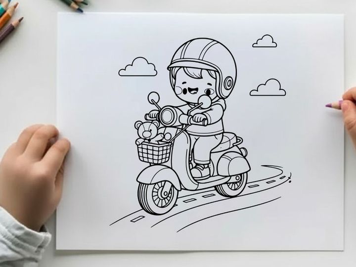 Cute child riding scooter with teddy vector illustration