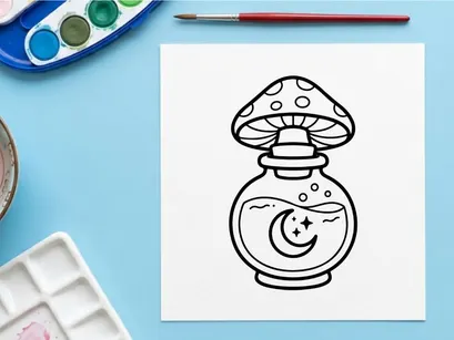 Hand-drawn magic potion bottle with glowing mushroom cork. Vintage fantasy elixir jar featuring mystical symbols and enchanting charm.