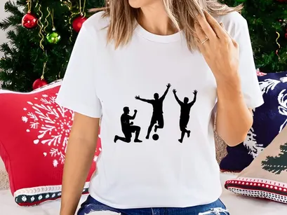Three black silhouettes of men playing soccer in different poses