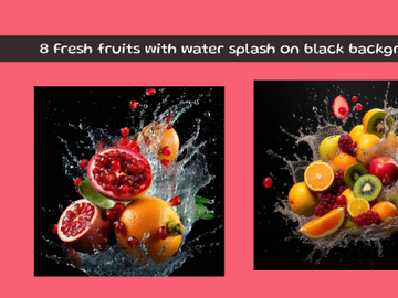 Fresh fruits with water splash on black background preview picture