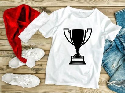 A black and white image of a trophy cup on a pedestal base