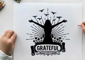 Silhouette of a woman expressing gratitude with birds and flowers