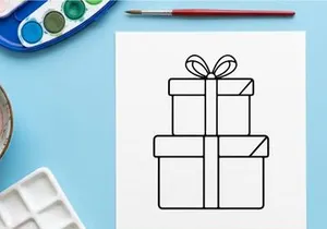 Minimalist line art illustration of stacked Christmas gift boxes with a decorative bow