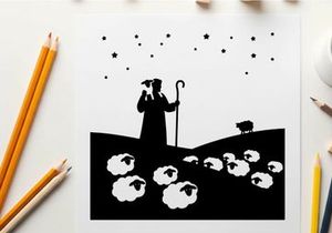 Silhouette of shepherd with sheep under starry night sky