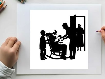 Silhouette of a family in a domestic scene with a barbers chair