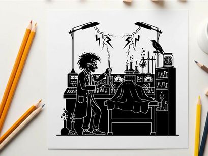 Silhouette of a man in a laboratory setting with equipment