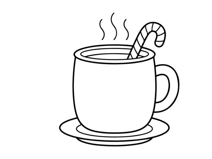 Christmas hot cocoa mug with candy cane line art illustration for coloring page