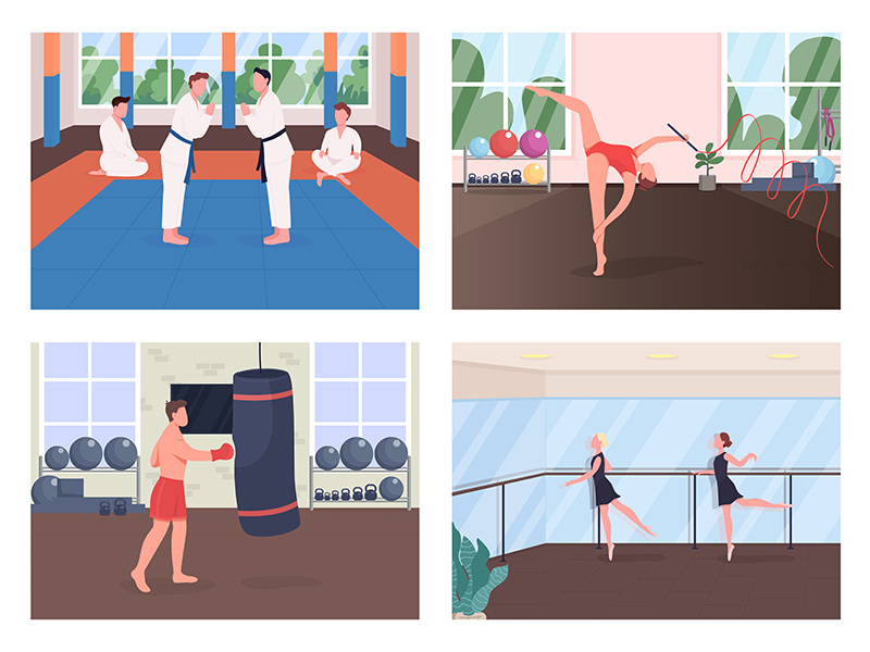 Gym training flat color vector illustration set