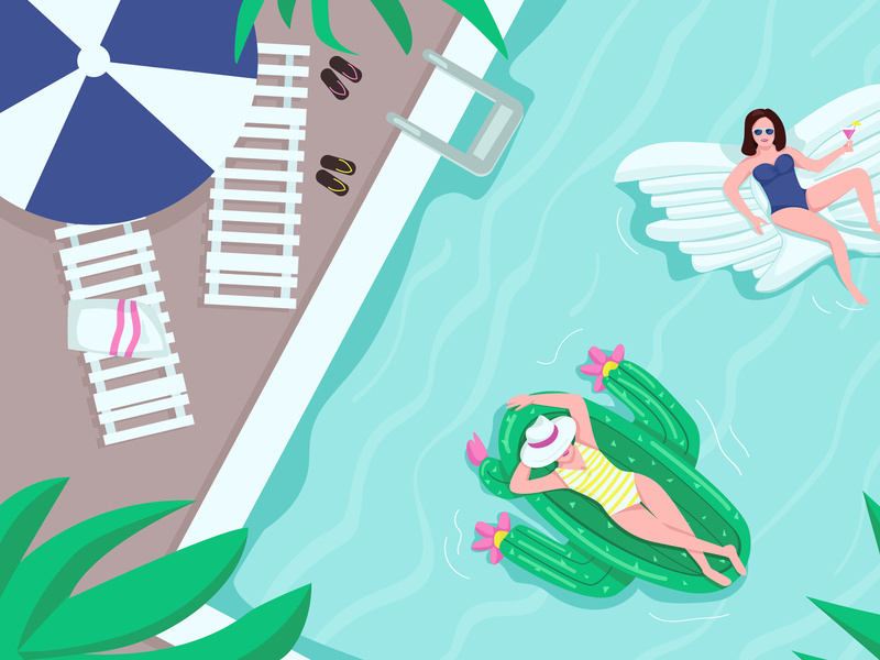 Top view on pool party flat color vector illustration