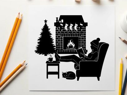 Cozy silhouette of person by christmas tree and fireplace