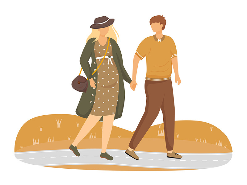 Pregnant woman and man walking in park flat vector illustration