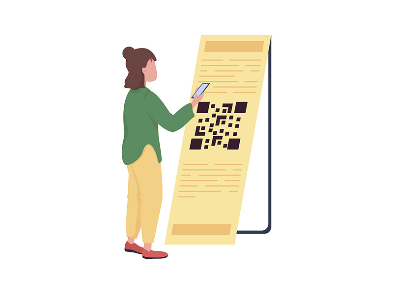 Young woman scanning QR code semi flat color vector character