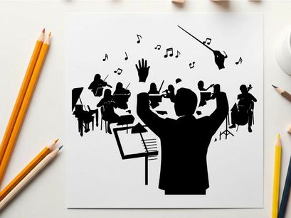 Silhouette of a conductor leading an orchestra with music notes